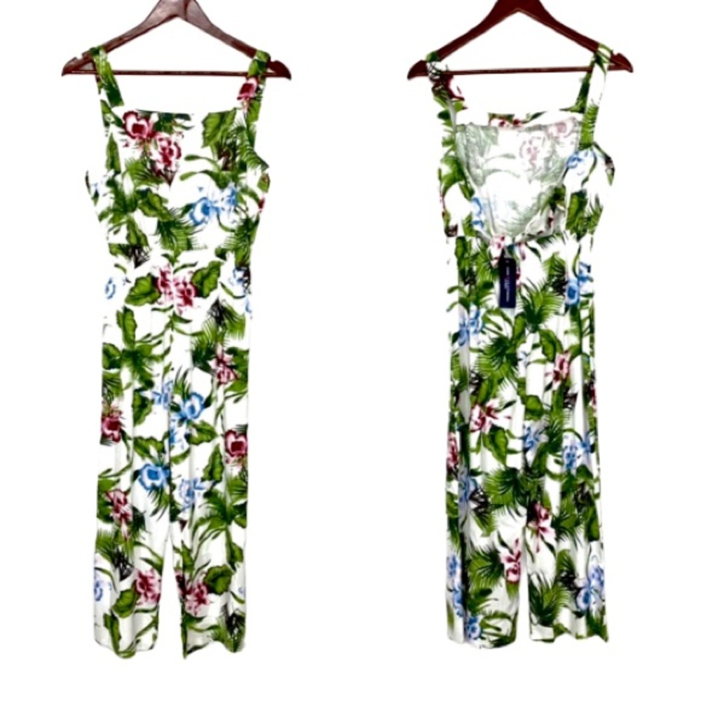 One Love Clothing Green Tropical Floral Palm Print Linen Blend Jumpsuit Size XS